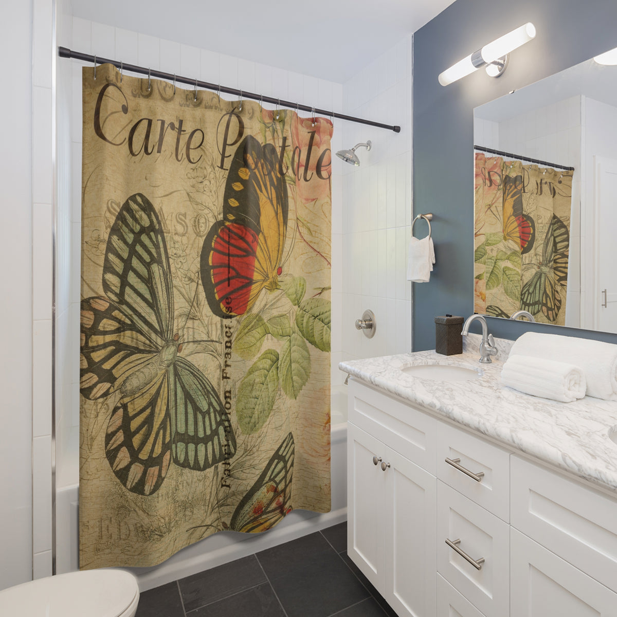 Vintage French Postcard Butterfly Shower Curtain