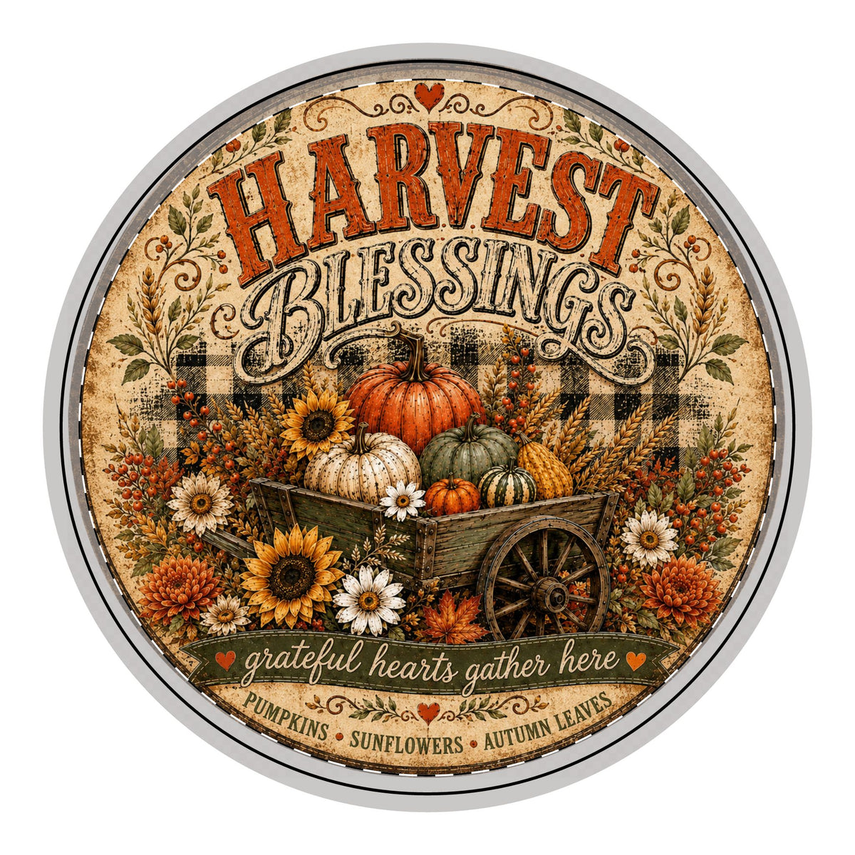 Harvest Blessings Wooden Hanging Sign — Autumn Pumpkins, Sunflowers & Gratitude Decor