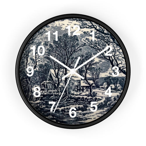 Blue and White Winter Transferware Style Wall Clock