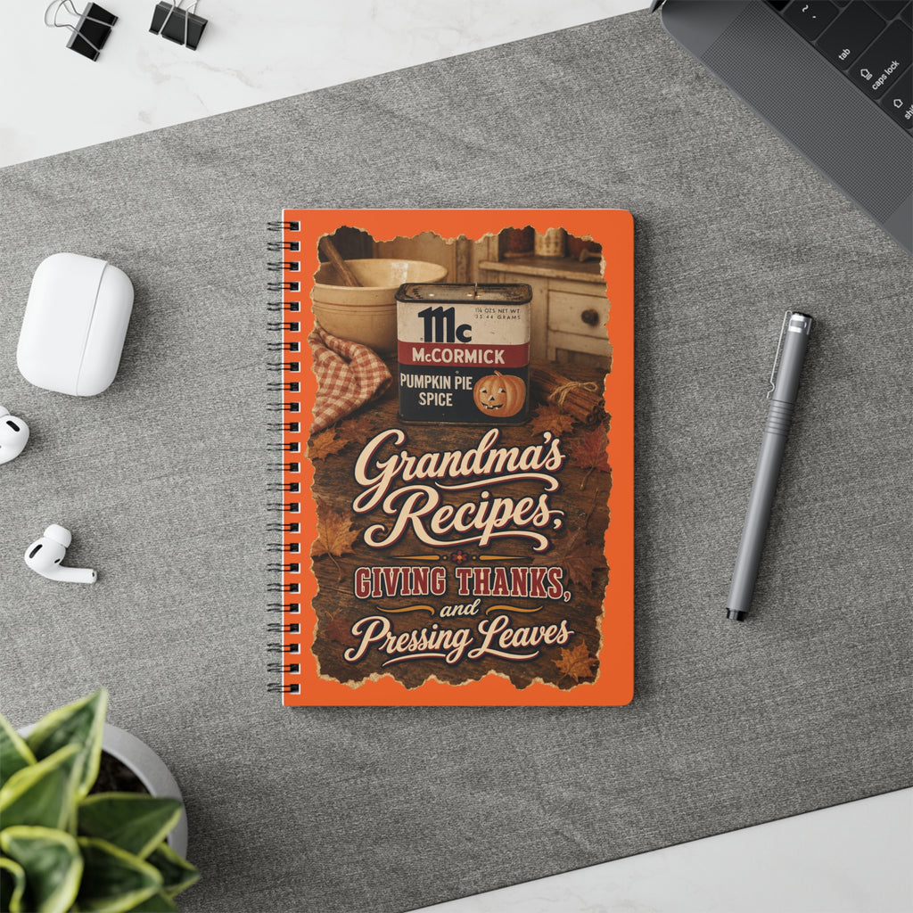 Grandma’s Recipes Spiral Notebook — "Giving Thanks and Pressing Leaves" A5 Journal