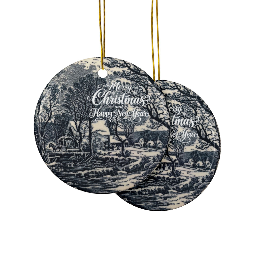 Currier and Ives “The Old Grist Mill” Blue and White Ceramic Ornaments, 2-Side Print, (1pc, 3pcs, 5pcs, 10pcs)