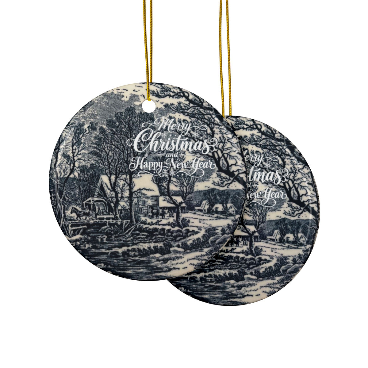 Currier and Ives “The Old Grist Mill” Blue and White Ceramic Ornaments, 2-Side Print, (1pc, 3pcs, 5pcs, 10pcs)