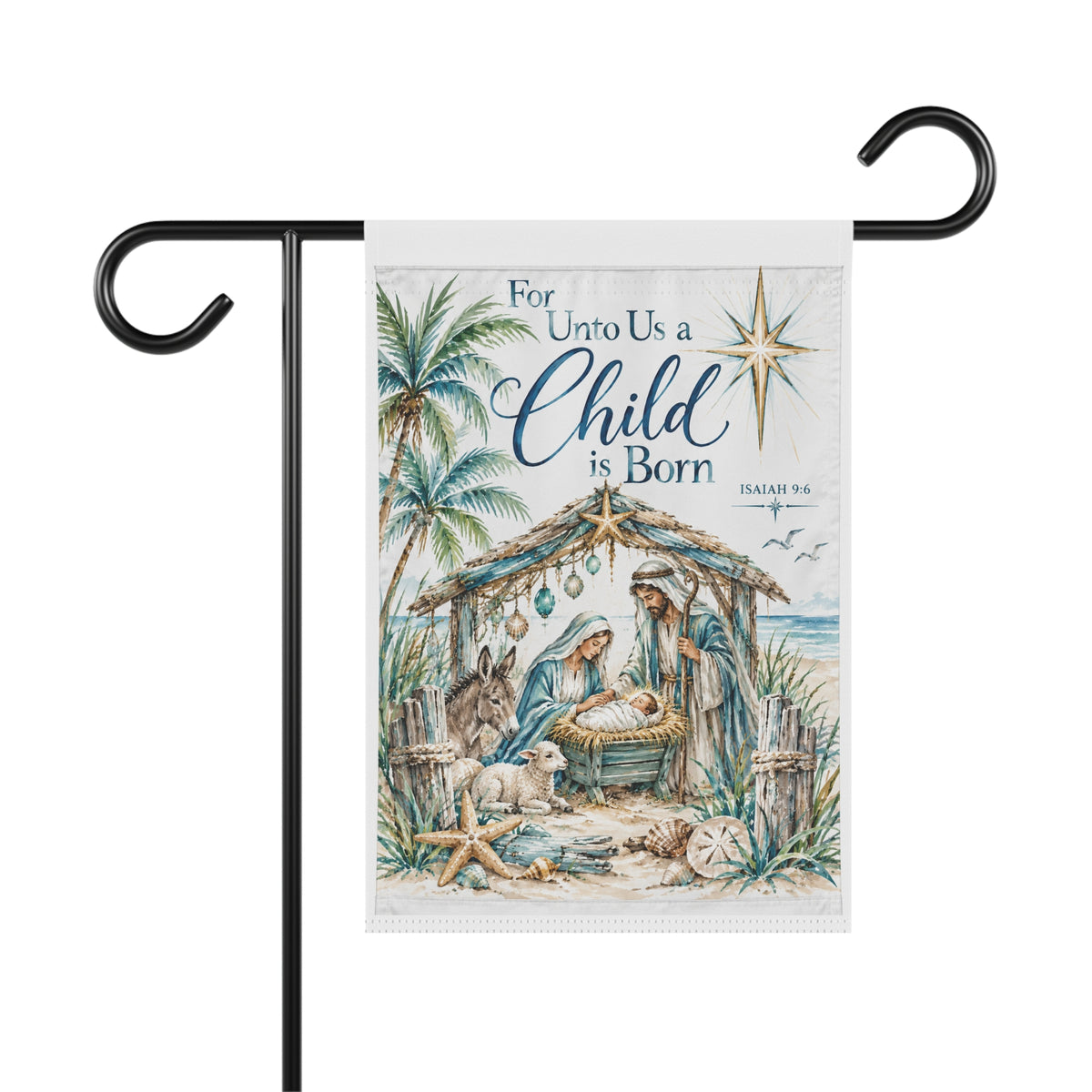 Nativity Scene Garden & House Banner | For Unto Us a Child is Born, Coastal Palm Christmas Banner