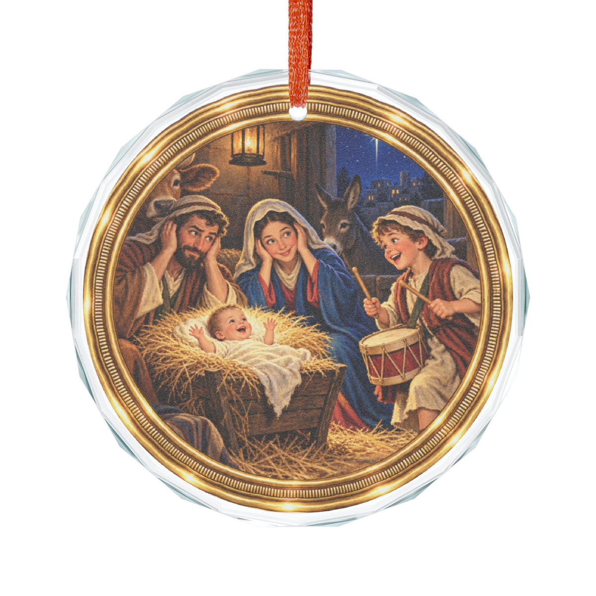 Little Drummer Boy and Holy Family Glass Christmas Ornament, Single