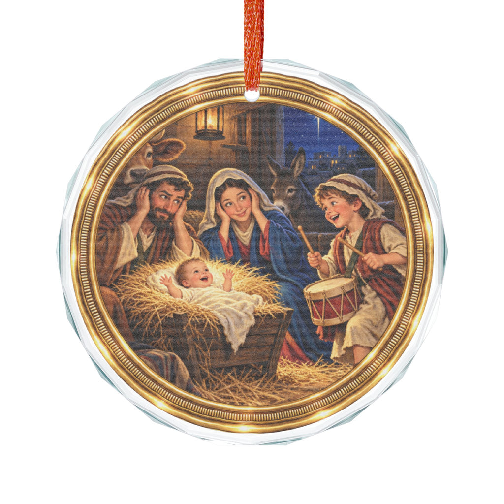 Little Drummer Boy and Holy Family Glass Christmas Ornament, Single