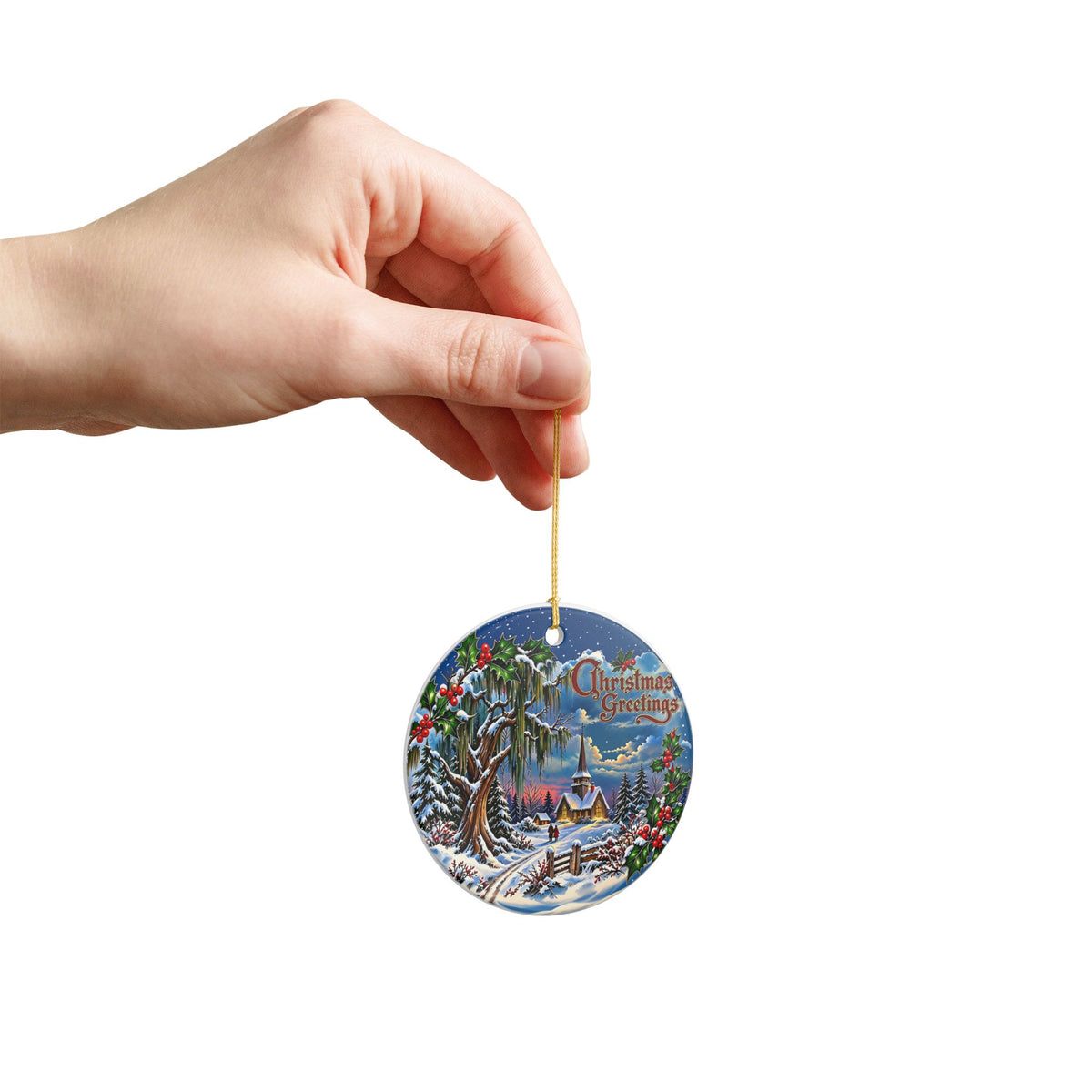 Christmas Greetings Winter Church Ceramic Decoration Ornament, (1pc)