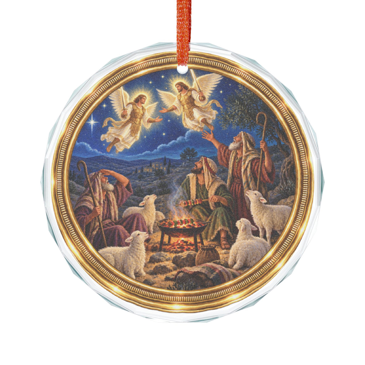 Nativity Shepherds Glass Ornament — Angels Above Shepherds Scene Christmas Decoration