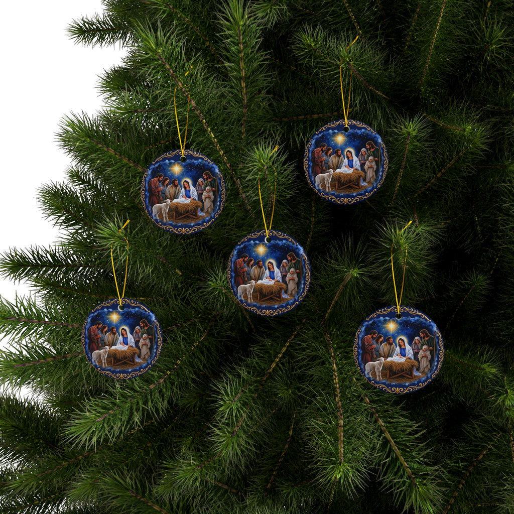 Colorful Embroidery Look Nativity Ceramic Christmas Ornaments, 2-Side Print, (1pc, 3pcs, 5pcs, 10pcs)