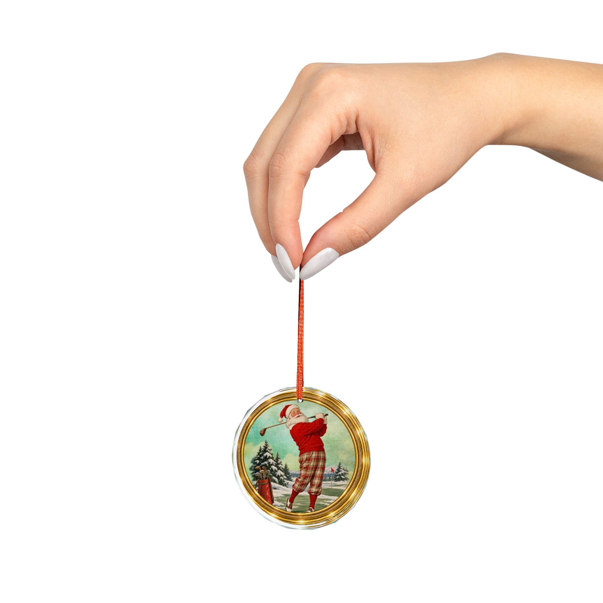 Golfing Santa Glass Ornament — Vintage Holiday Christmas Tree Decoration