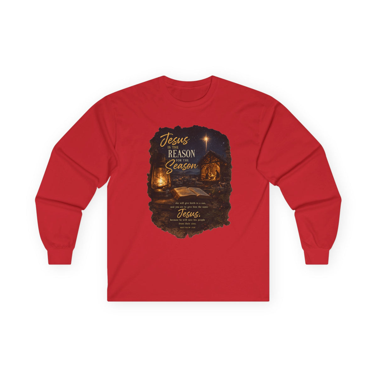 Jesus Reason Season nativity scene Long Sleeve Tee | Christian faith scripture design