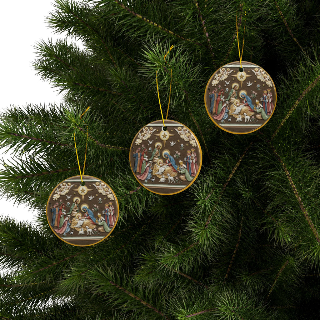 Vintage Full Nativity Scene Ceramic Christmas Ornaments, 2-Side Print, (1pc, 3pcs, 5pcs, 10pcs)