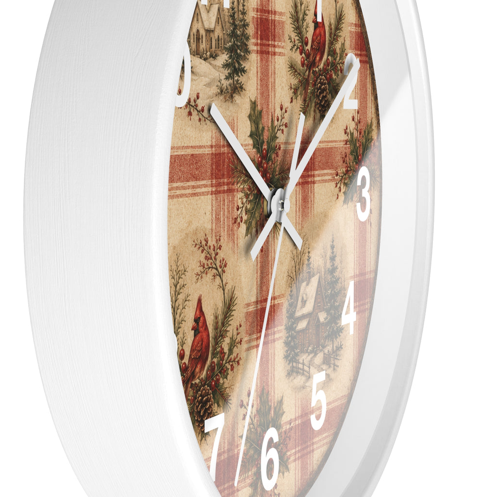 Cardinal Plaid Cabin Wall Clock | Rustic Christmas Cabin Clock