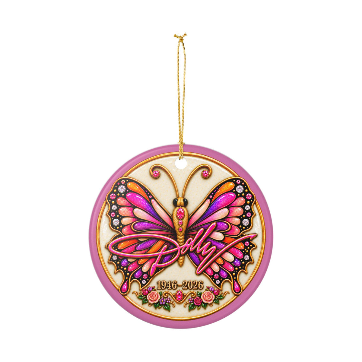 Dolly Signature and Butterfly Remembrance Ceramic Decoration Ornament, double sided (1pc)