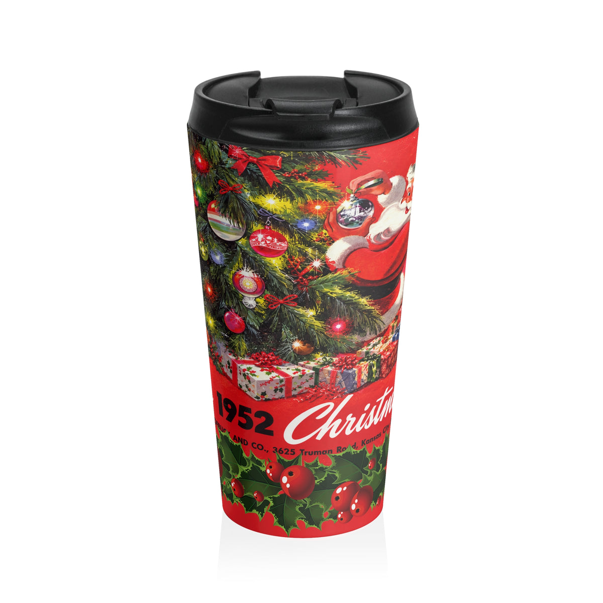 Vintage Santa Christmas tree travel mug | Retro 1950s holiday design