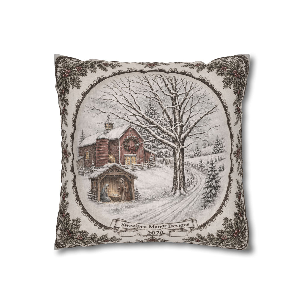 Winter Cabin Decorative Pillowcase — Snowy Village Scene Throw Pillow Cover