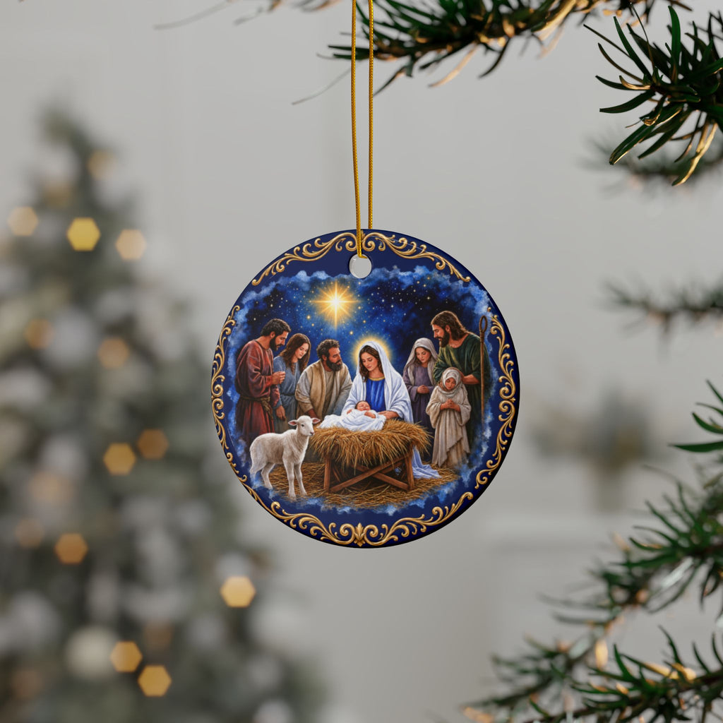 Colorful Embroidery Look Nativity Ceramic Christmas Ornaments, 2-Side Print, (1pc, 3pcs, 5pcs, 10pcs)