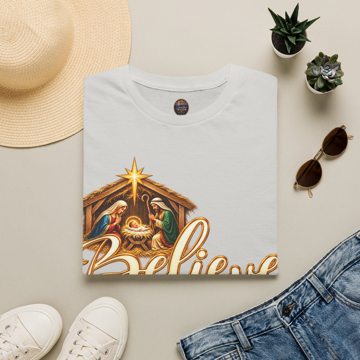 Nativity Manger Believe T-Shirt | Christmas Religious Holiday Tee