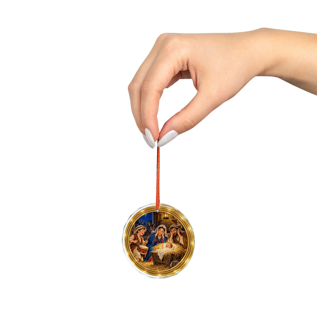 Little Drummer Boy and Holy Family Glass Christmas Ornament, Single