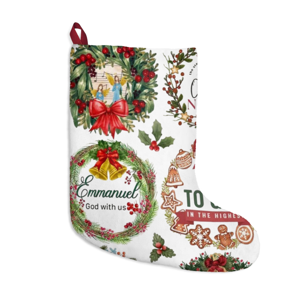 O Holy Night wreaths Christmas Stocking | Emmanuel nativity holiday stocking