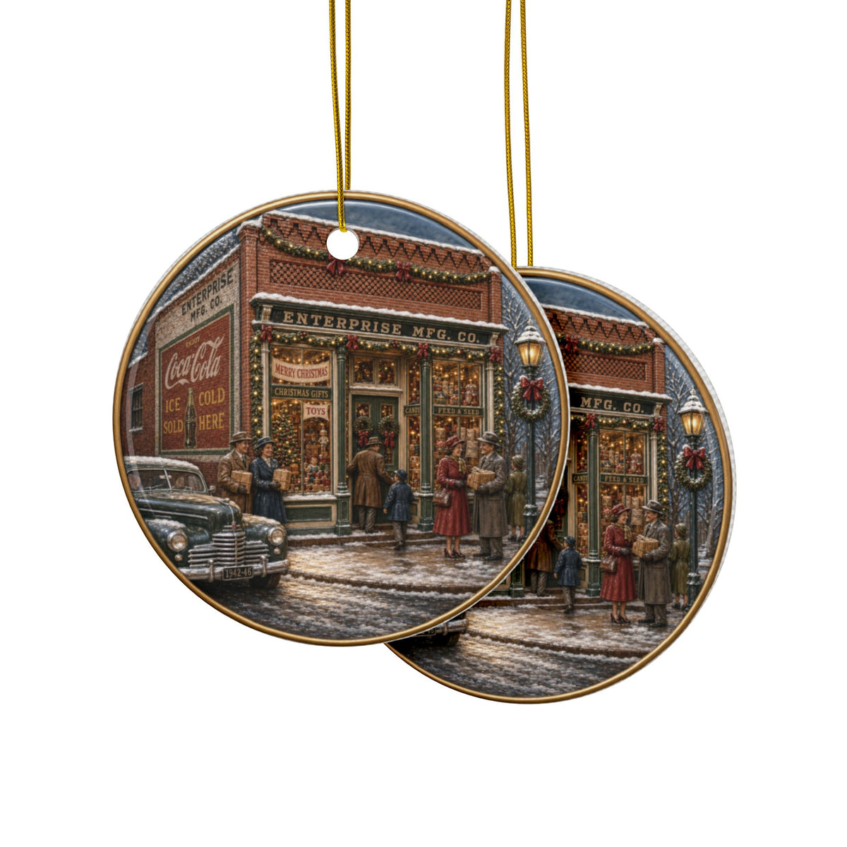Vintage Small Town Christmas Shopping Christmas Ornaments, 2-Side Print, (1pc, 3pcs, 5pcs, 10pcs)