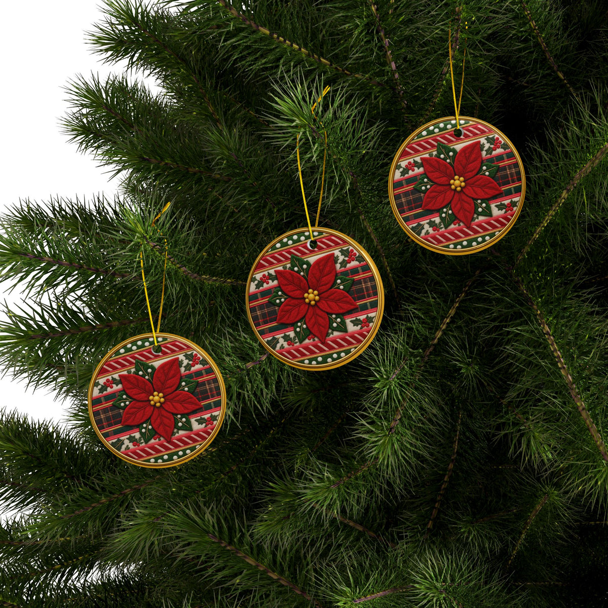 Colorful Poinsettia Embroidery Look Nativity Ceramic Christmas Ornaments, 2-Side Print, (1pc, 3pcs, 5pcs, 10pcs)