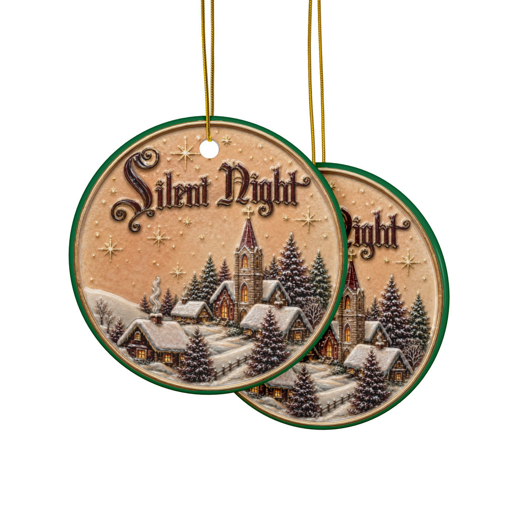 Silent Night Church Scene Ceramic Ornament | Round Christmas Ornament, Two-Sided Print