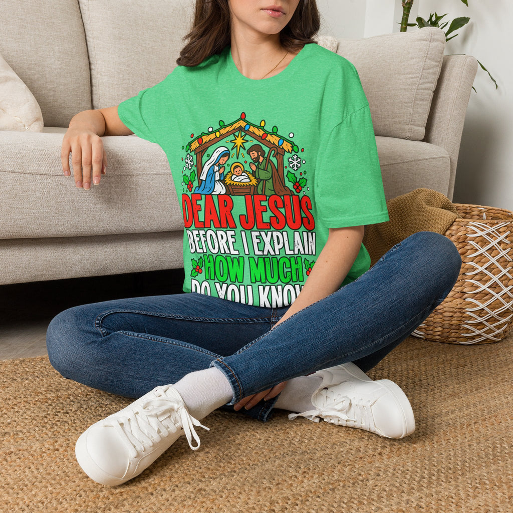 Dear Jesus Nativity Illustration T-Shirt | Humorous Religious Christmas Tee