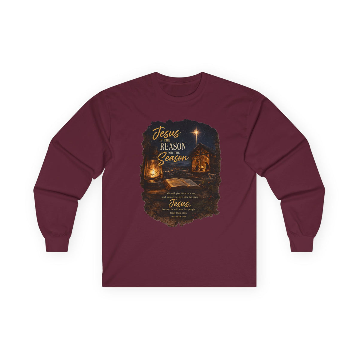 Jesus Reason Season nativity scene Long Sleeve Tee | Christian faith scripture design