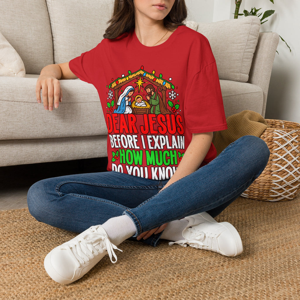 Dear Jesus Nativity Illustration T-Shirt | Humorous Religious Christmas Tee