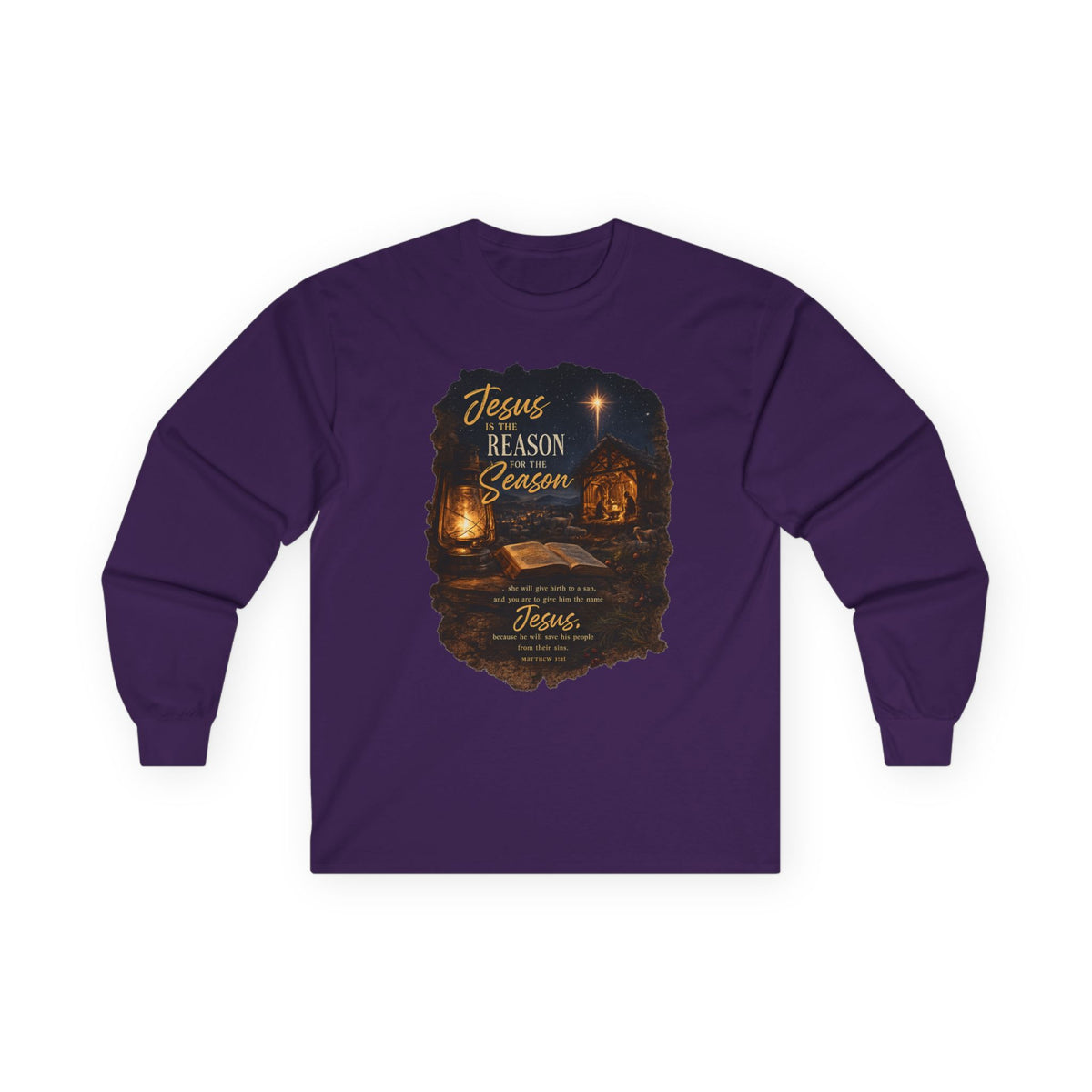 Jesus Reason Season nativity scene Long Sleeve Tee | Christian faith scripture design