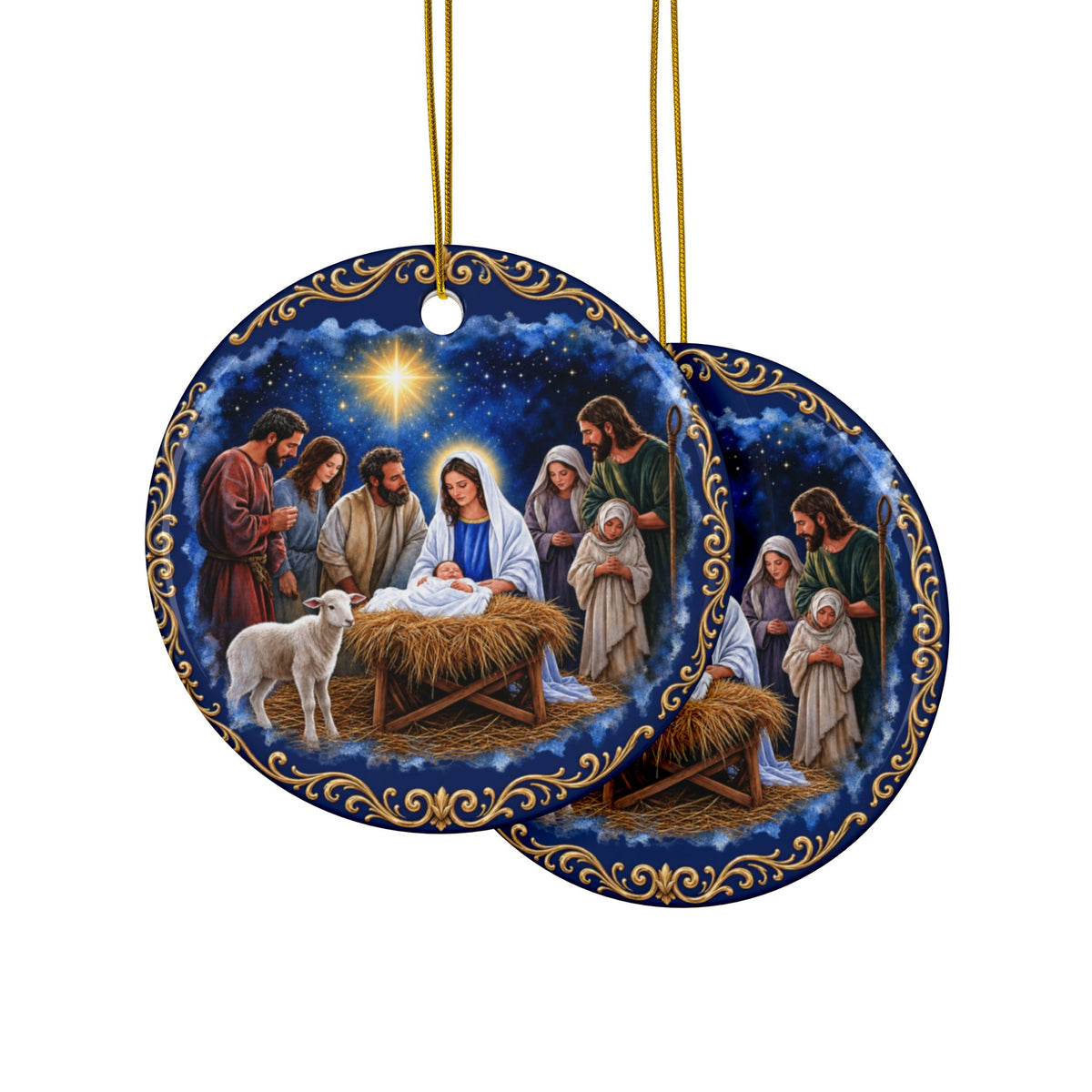 Colorful Embroidery Look Nativity Ceramic Christmas Ornaments, 2-Side Print, (1pc, 3pcs, 5pcs, 10pcs)