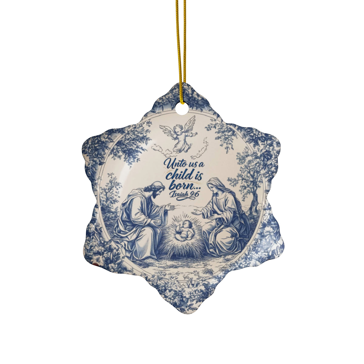 Christmas Blue and White Isaiah 9:6 Nativity Ceramic Snowflake Ornament