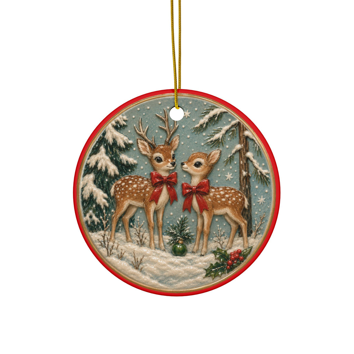 Vintage Reindeer Illustration Ceramic Ornament | Round Double-Sided Christmas Ornament