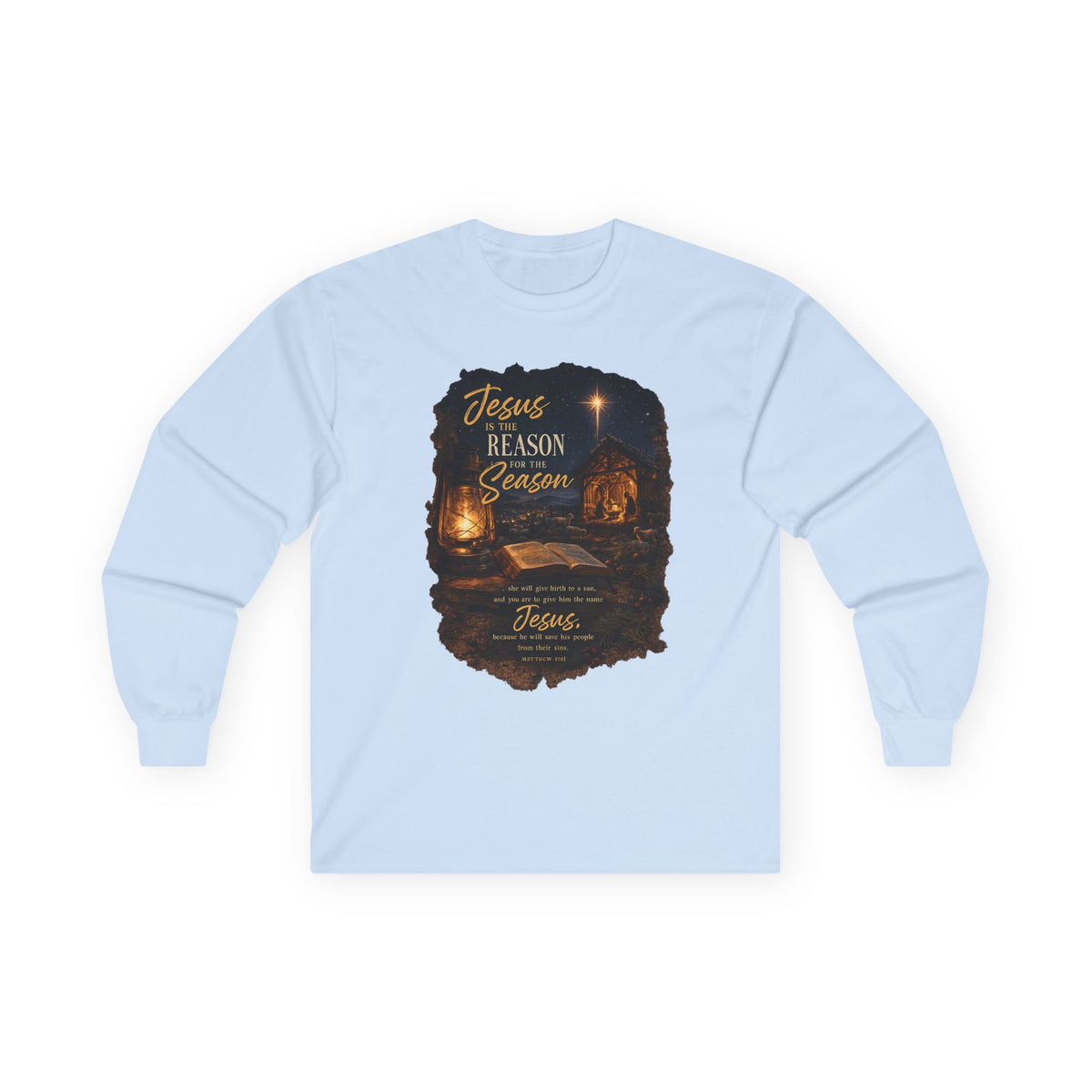 Jesus Reason Season nativity scene Long Sleeve Tee | Christian faith scripture design