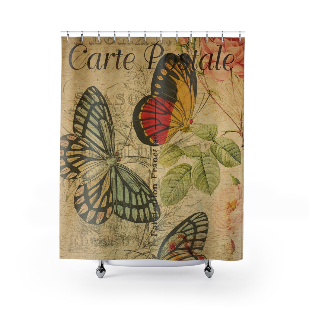 Vintage French Postcard Butterfly Shower Curtain