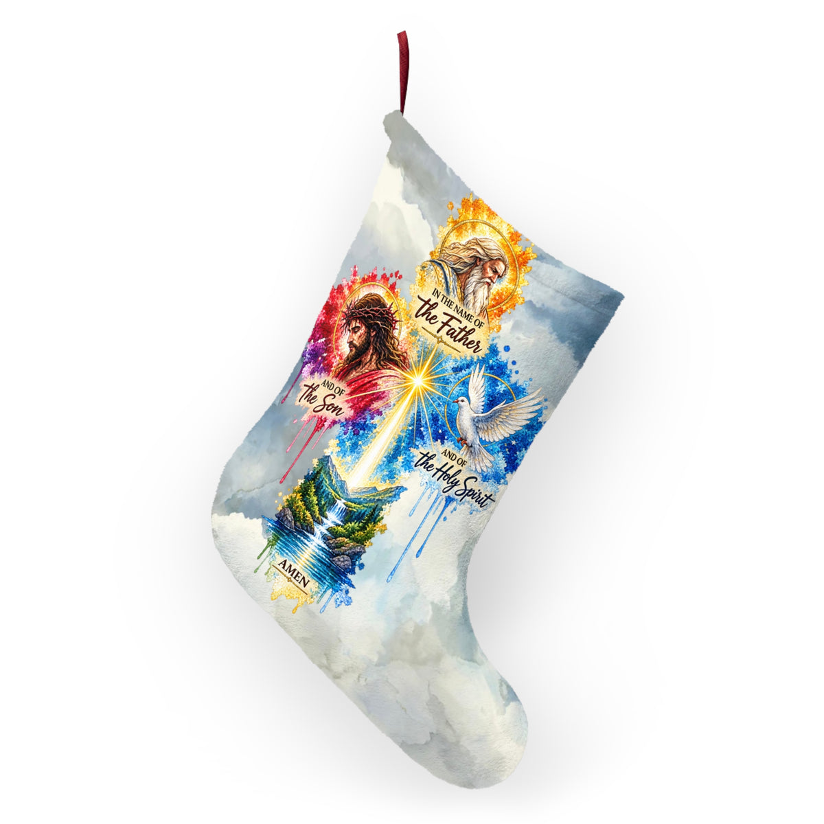 Religious Christmas Stocking – ‘In the Name of the Father, Son & Holy Spirit’ Nativity Cross Design