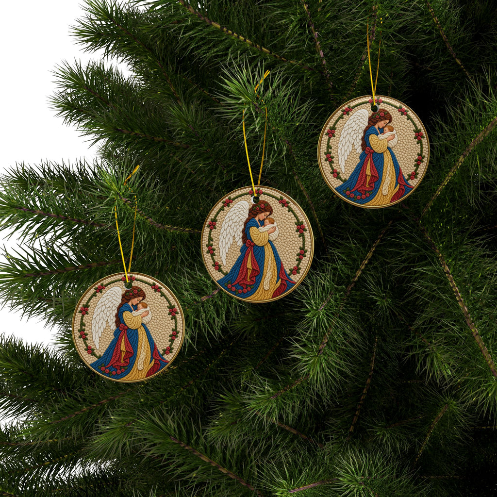 Angel Holding Baby Jesus Ceramic Christmas Ornaments, 2-Side Print, (1pc, 3pcs, 5pcs, 10pcs)