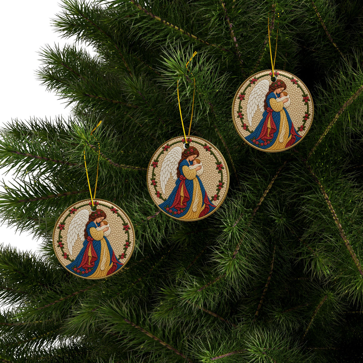 Angel Holding Baby Jesus Round Ornament | Ceramic Christmas Ornament
