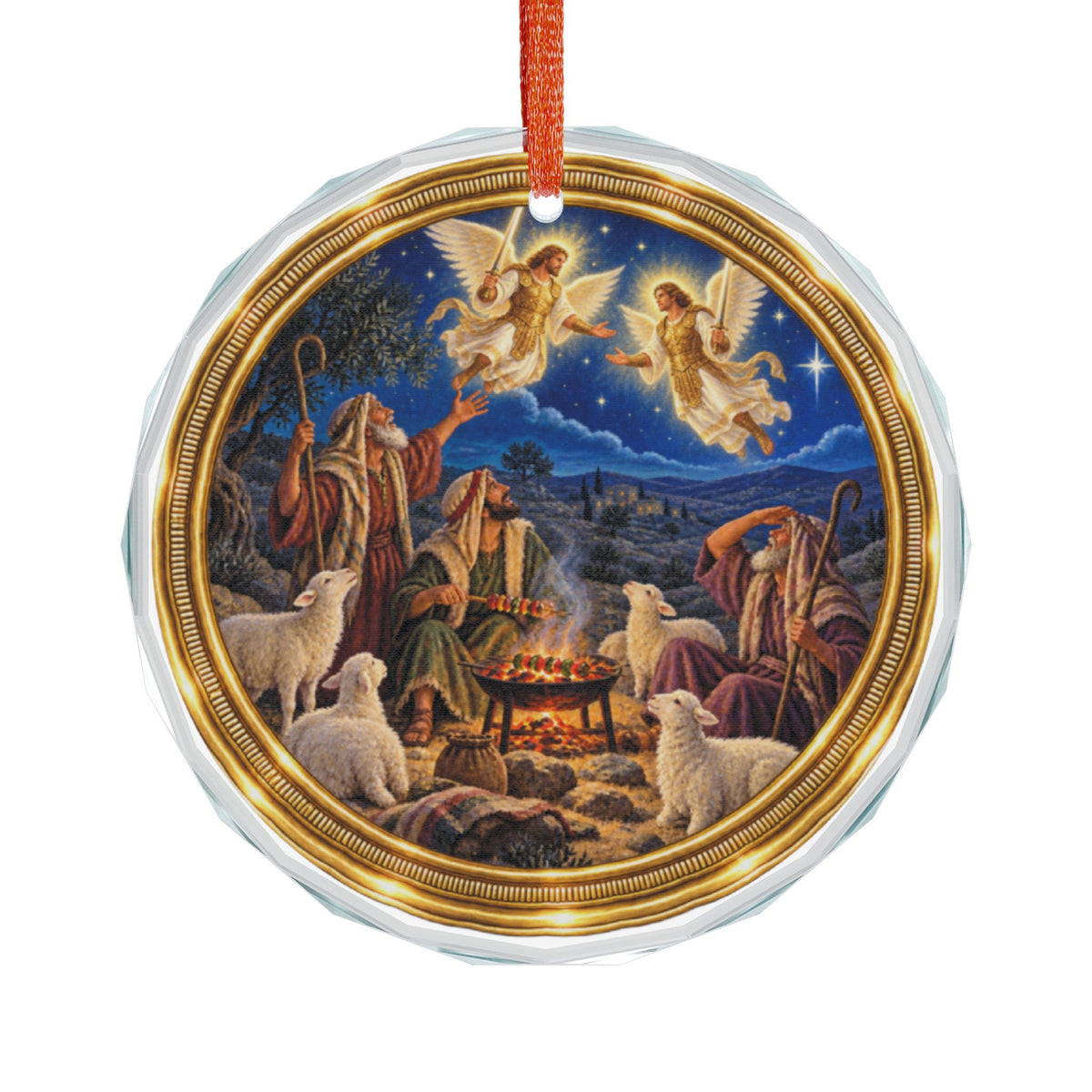 Nativity Shepherds Glass Ornament — Angels Above Shepherds Scene Christmas Decoration