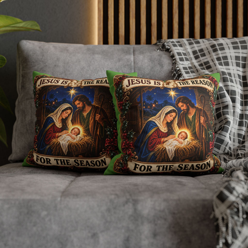 Jesus Is The Reason Nativity Illustration Pillowcase | Square Christmas Pillow