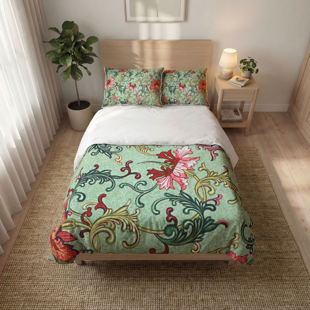 Vintage Victorian Green Botanical Quilt Cover Set Of Three