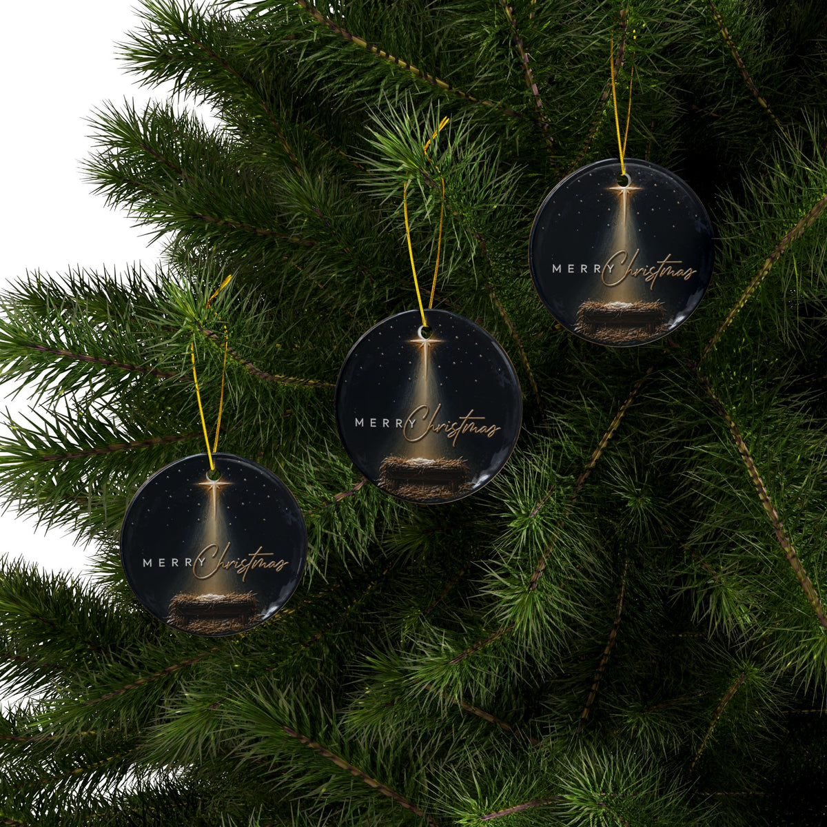 Merry Christmas Nativity with Illuminated Manger Christmas Ornaments, 2-Side Print, (1pc, 3pcs, 5pcs, 10pcs)