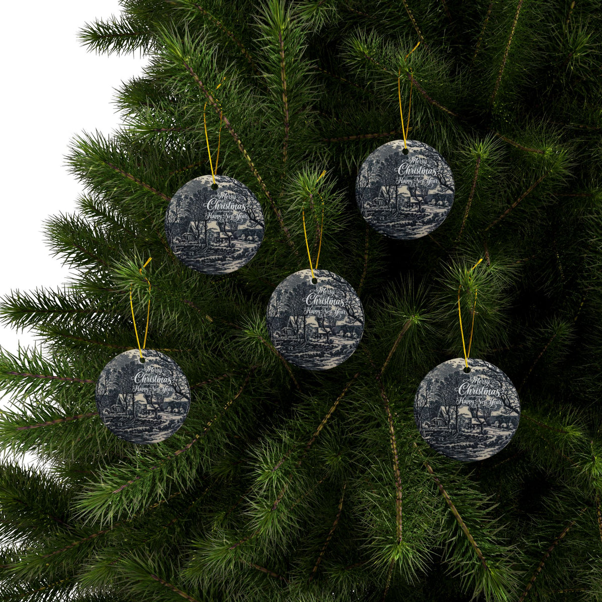 Currier and Ives “The Old Grist Mill” Blue and White Ceramic Ornaments, 2-Side Print, (1pc, 3pcs, 5pcs, 10pcs)
