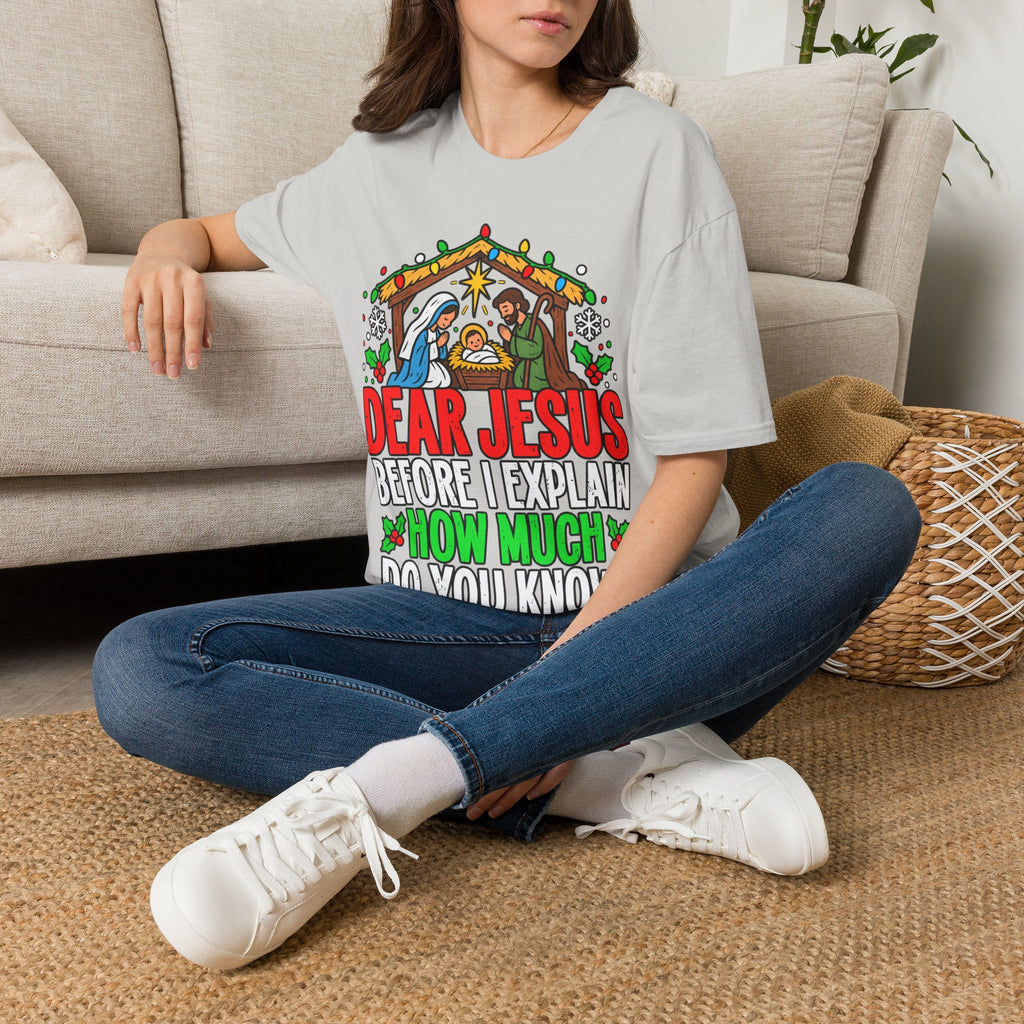 Dear Jesus Nativity Illustration T-Shirt | Humorous Religious Christmas Tee