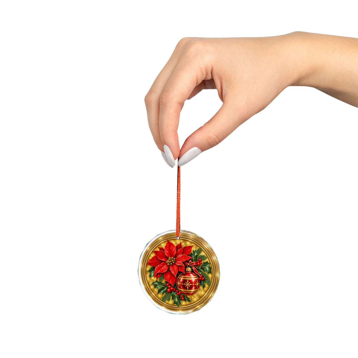 Vintage Midcentury Poinsettia and Holly Berries Glass Ornament, Single