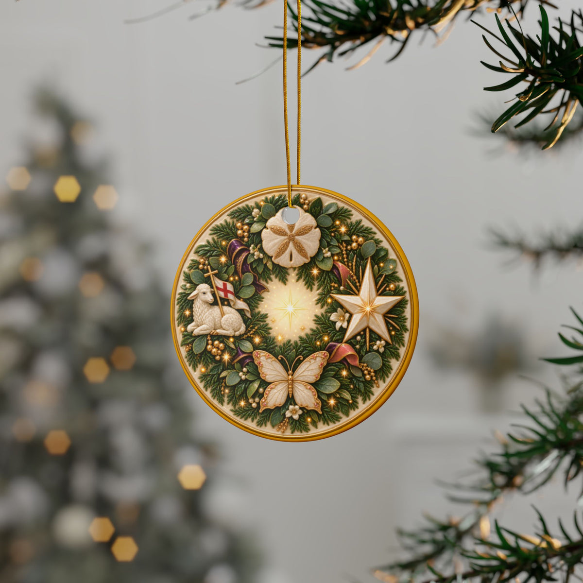 Advent Wreath Ceramic Christmas Ornaments, 2-Side Print, (1pc, 3pcs, 5pcs, 10pcs)