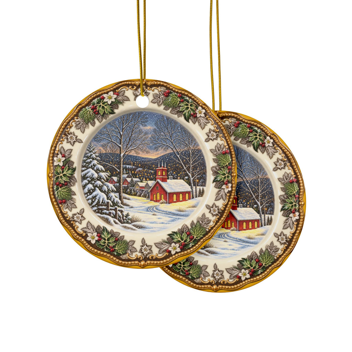 Ceramic Ornament — Vintage Snowy Church Christmas Tree Decoration (Double-Sided)