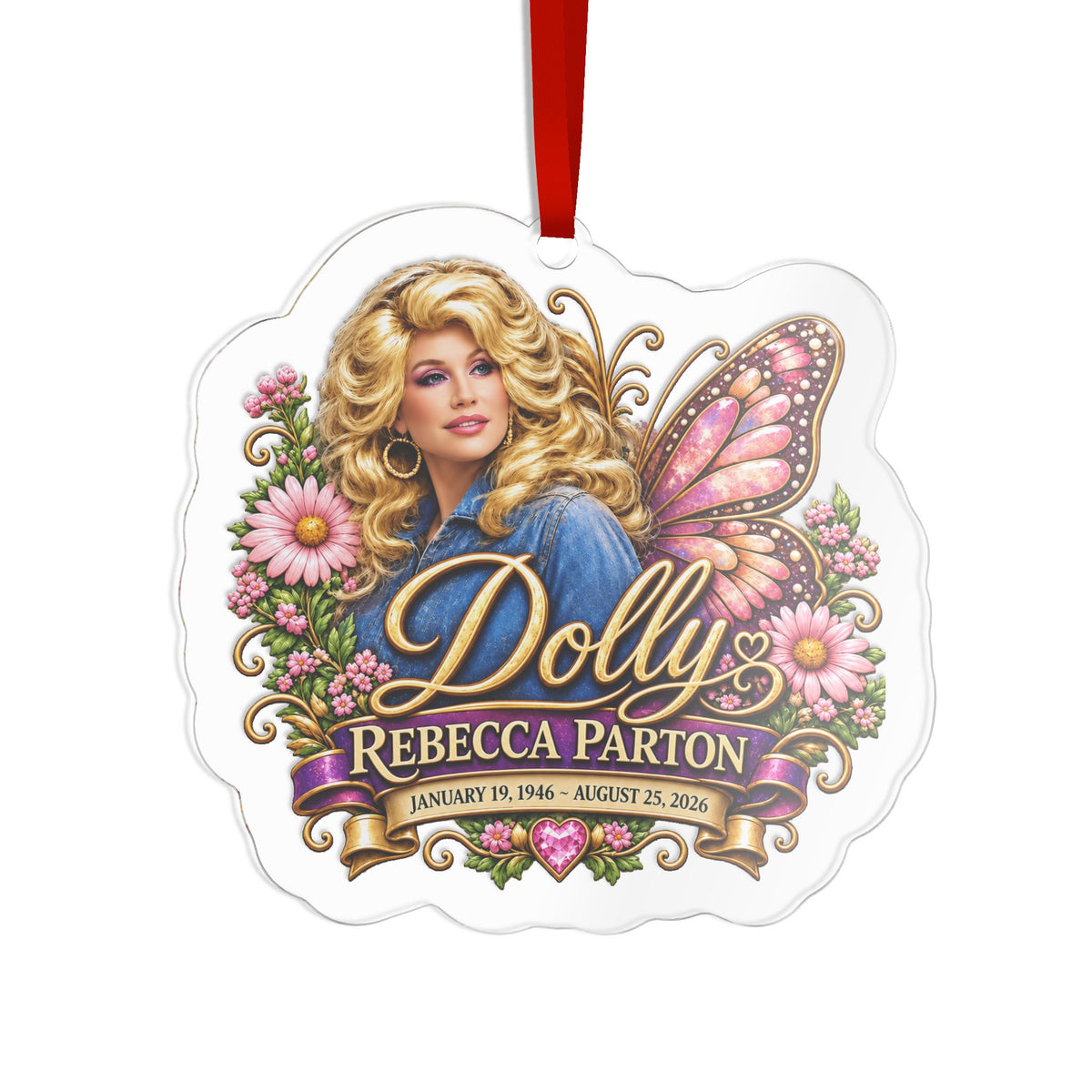 Dolly Parton Portrait Butterfly Floral Acrylic Ornament