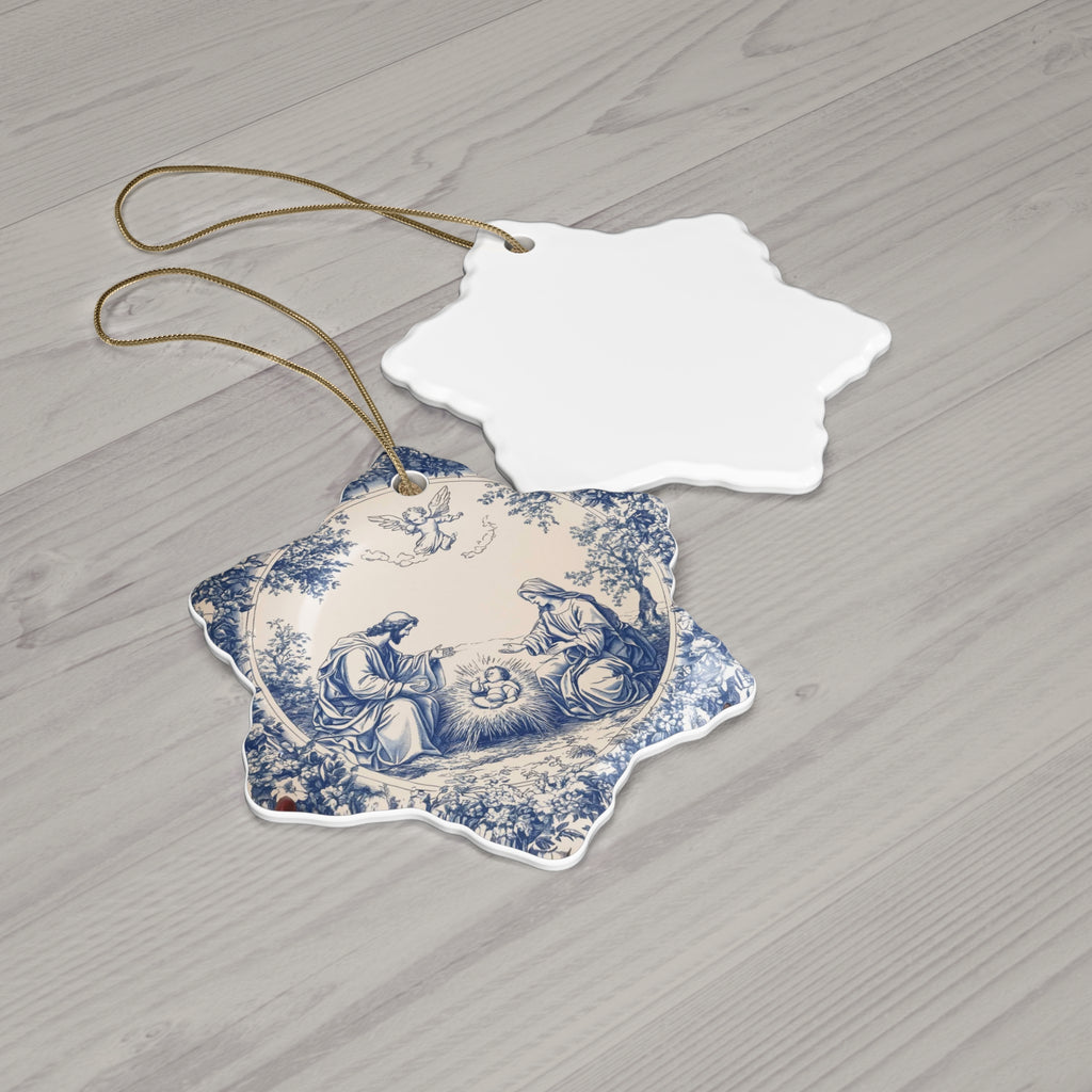 Blue and white Nativity Scene Ceramic Ornament | Star-Shaped Holiday Decoration
