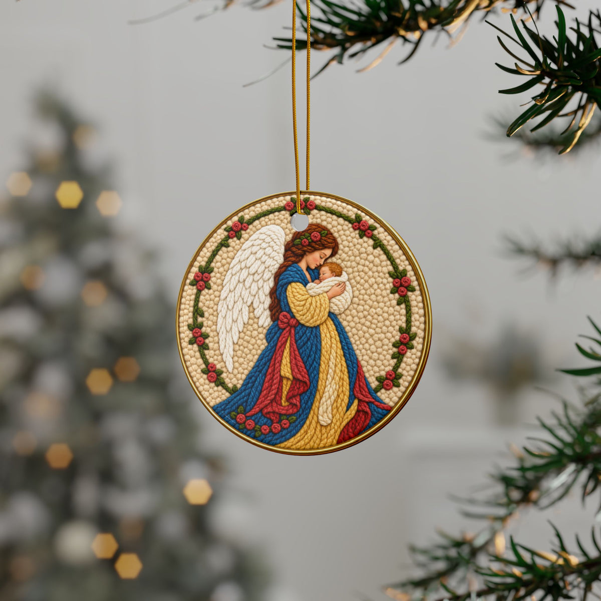 Angel Holding Baby Jesus Round Ornament | Ceramic Christmas Ornament